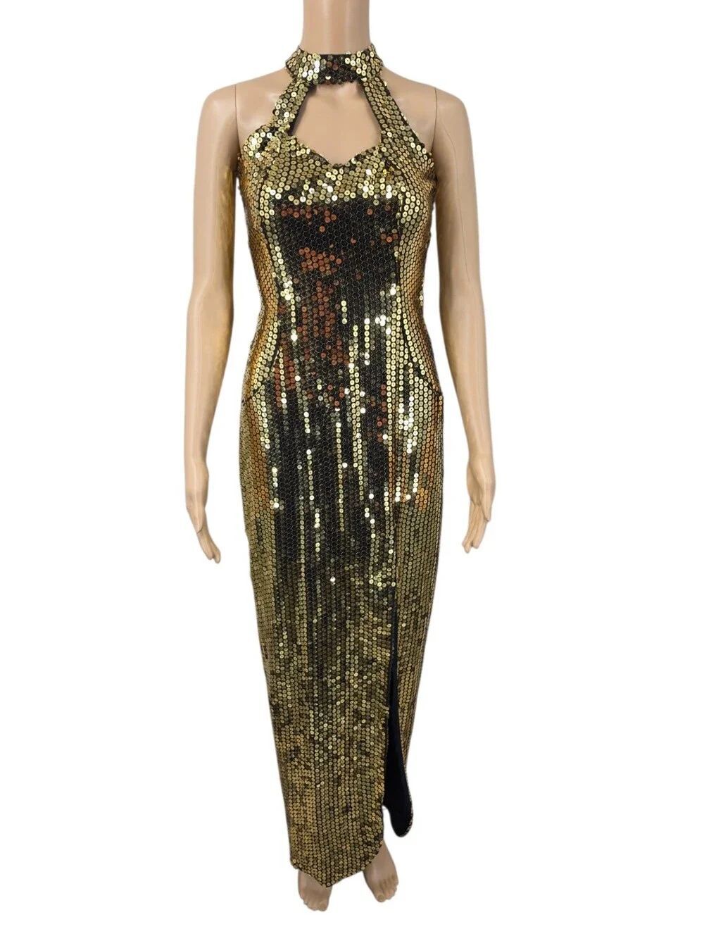 Vintage 90s Liquid Gold Sequin Halter Bodycon Maxi Formal Evening Dress